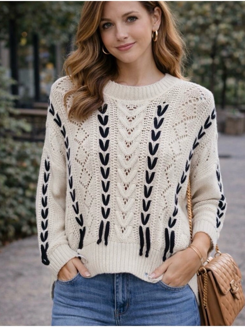 THML Addy Textured Elbow Sleeve Sweater in the colorway Oatmeal Navy Cables